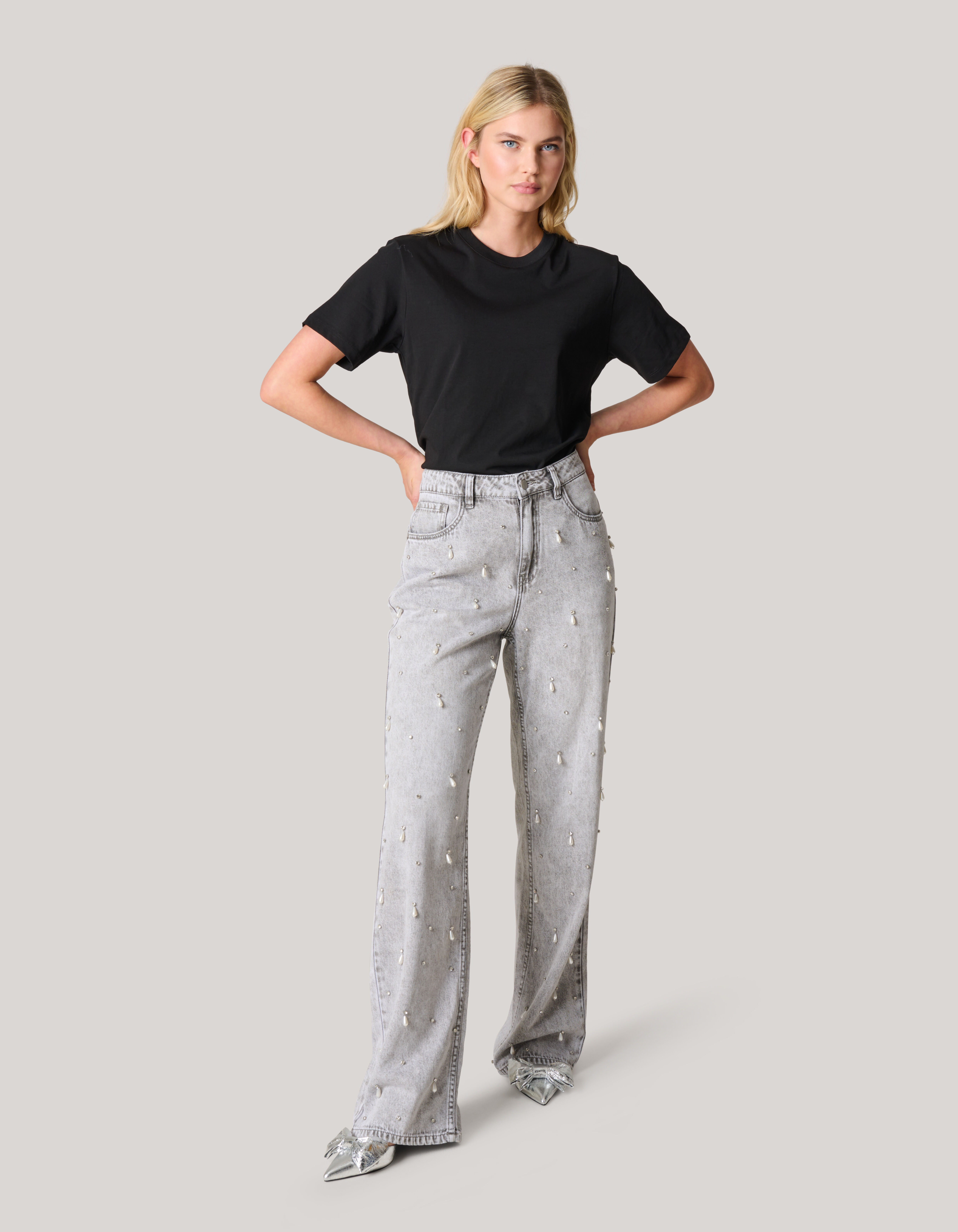 Embellished Straight Fit Jeans Lichtgrijs SHOEBY WOMEN