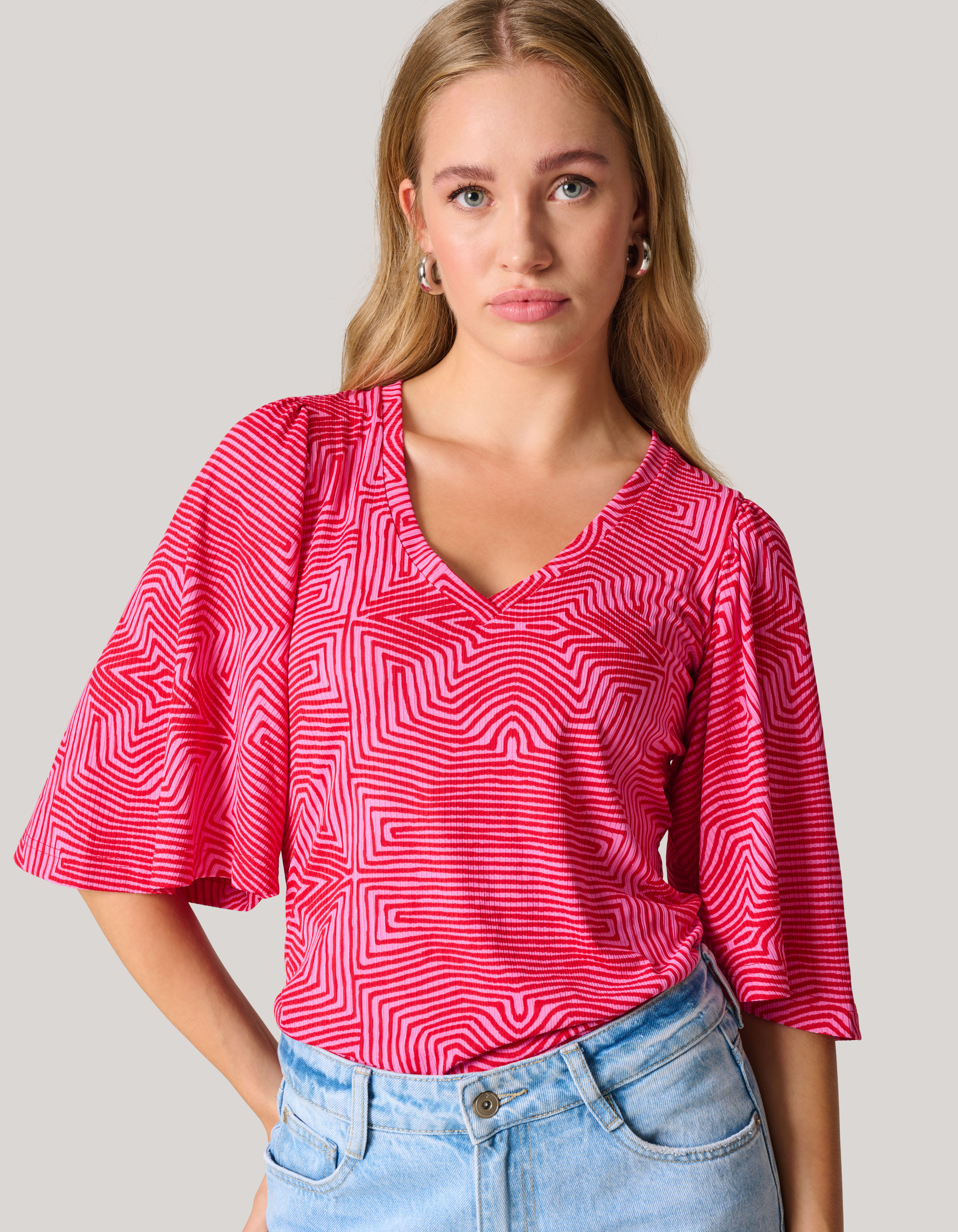 Printed Rib Jersey Ruffle Top Roze SHOEBY WOMEN