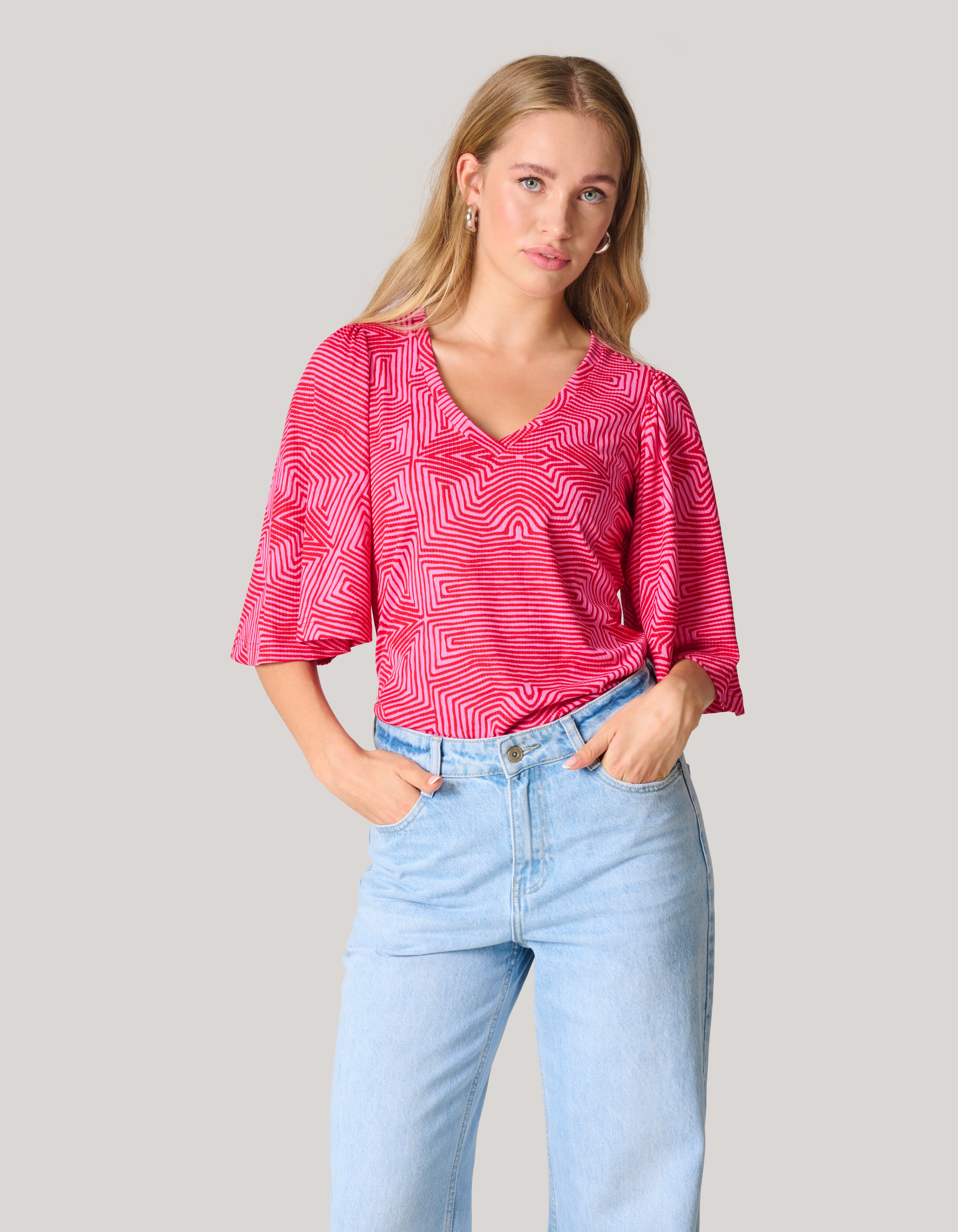 Printed Rib Jersey Ruffle Top Roze SHOEBY WOMEN